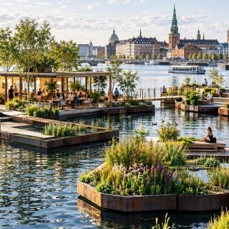 Copenhaga experimenteaza insulele plutitoare, cu gradini, copaci si spatii de relaxare. Un concept de arhitectura care propune o noua relatie intre orase si natura
